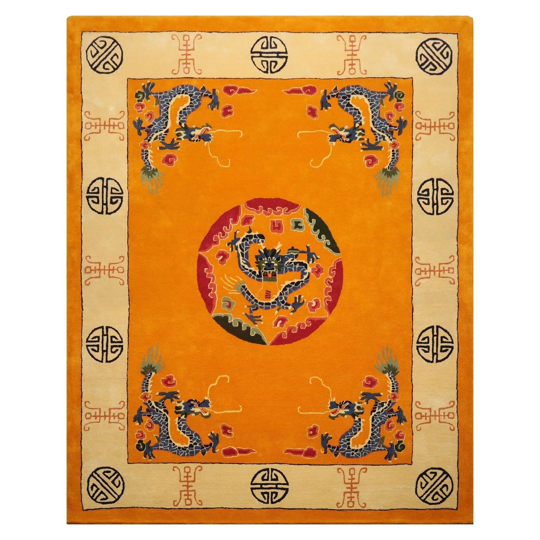 LoomBloom Multi Sizes Gold Hand Tufted Medallion & Dragon Chinese Art Deco New Zealand Wool Oriental Area Rug