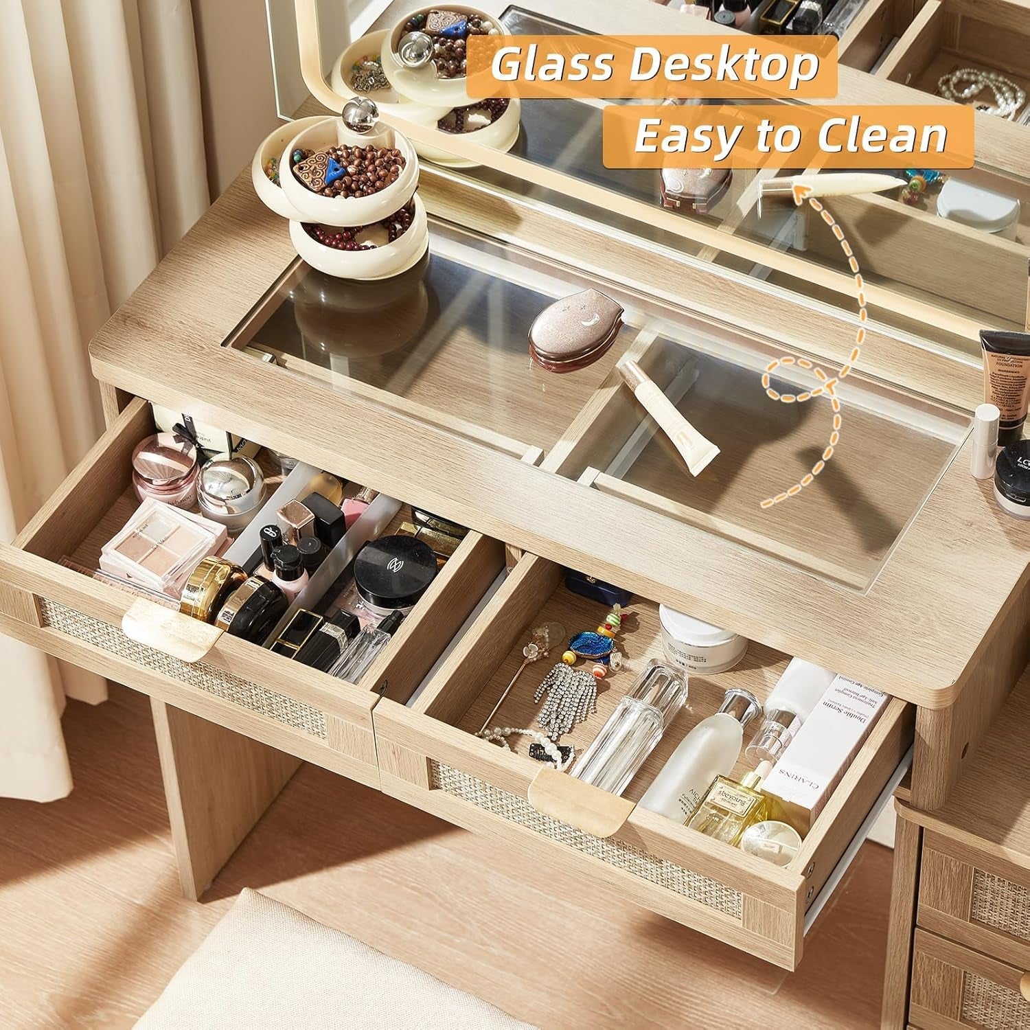 Rattan Vanity Desk Forty Three Point Five Inch GlassTop Mirror Lighting Natural Wood