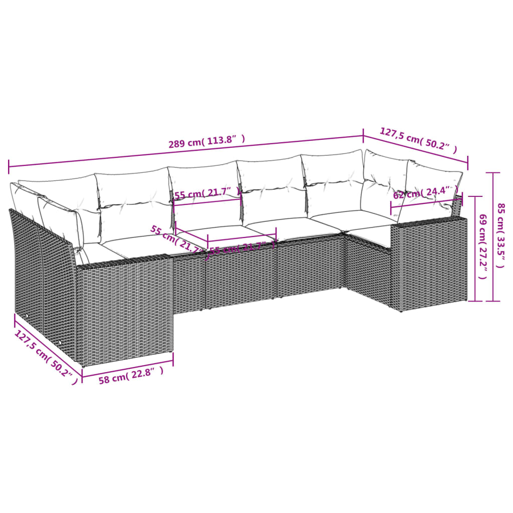 vidaXL 7 Piece Patio Sofa Set with Cushions Black Poly Rattan