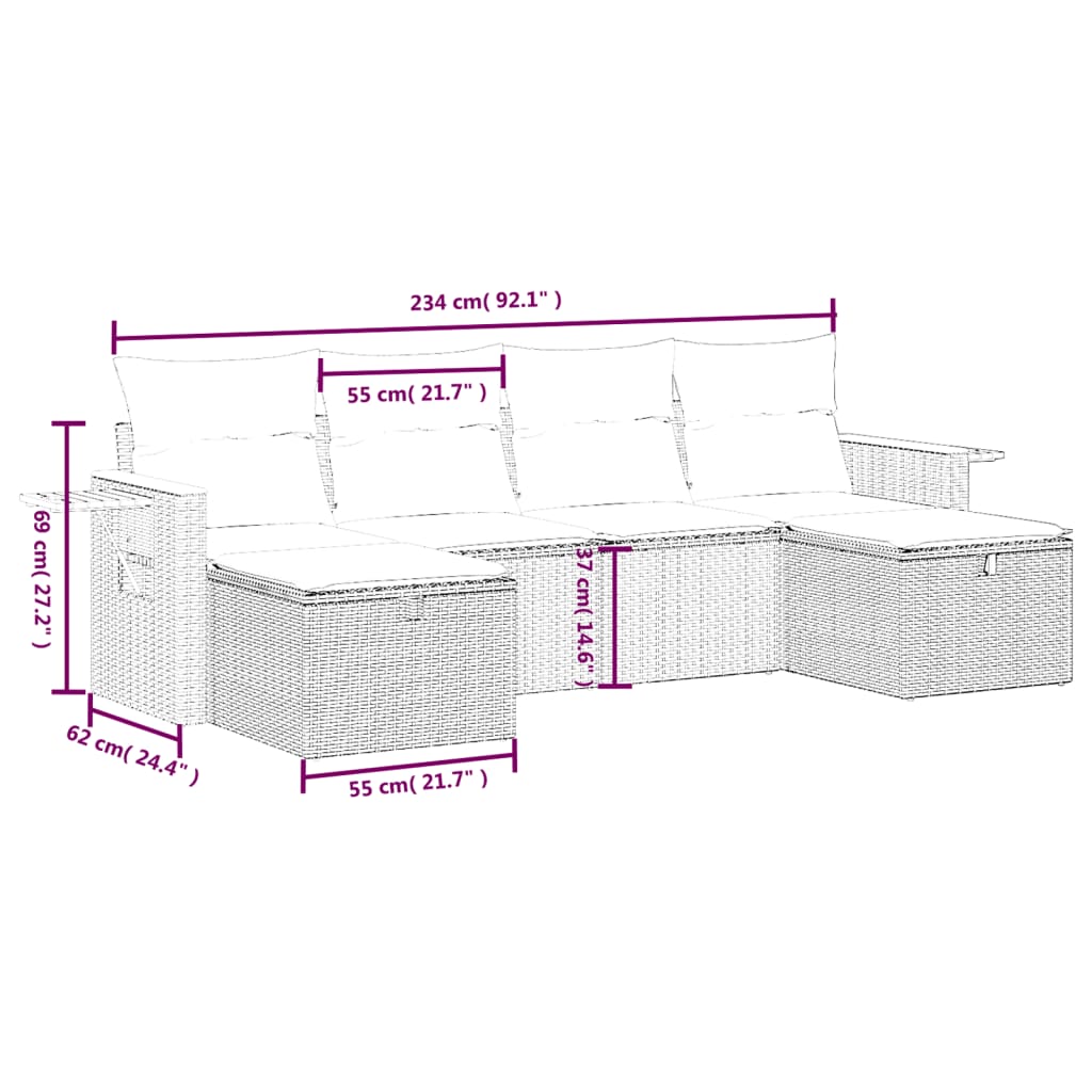 vidaXL 6 Piece Patio Sofa Set with Cushions Black Poly Rattan