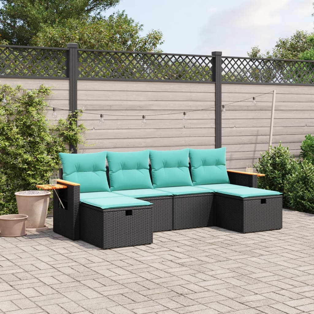 vidaXL 6 Piece Patio Sofa Set with Cushions Black Poly Rattan