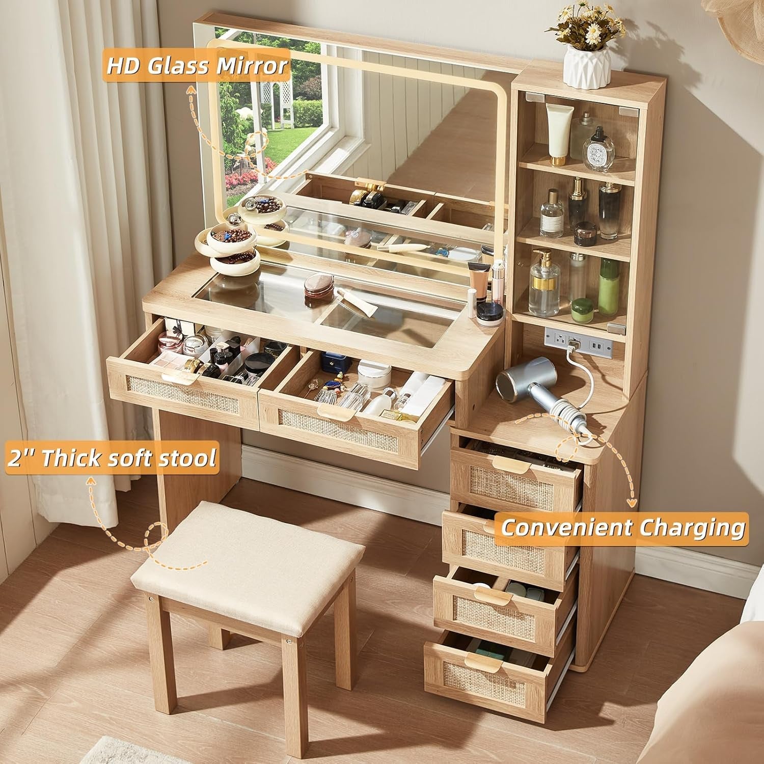 Rattan Vanity Desk Forty Three Point Five Inch GlassTop Mirror Lighting Natural Wood